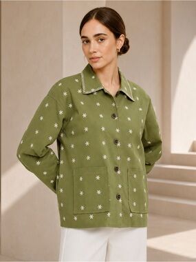 Idem Ditto Daisy Embroidered Cotton Twill Utility Jacket – Olive Floral - NWT